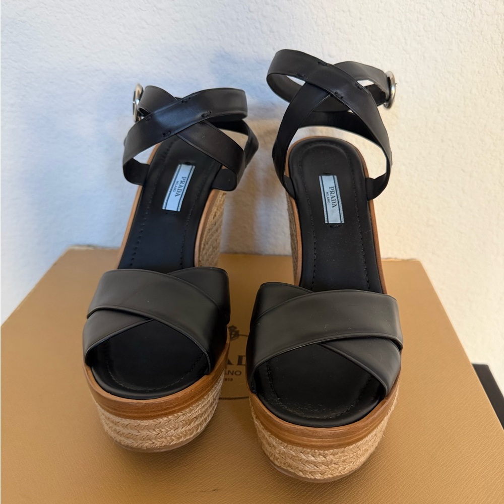 Prada Black and Tan Wedge Sandals 41 - Picture 3 of 10